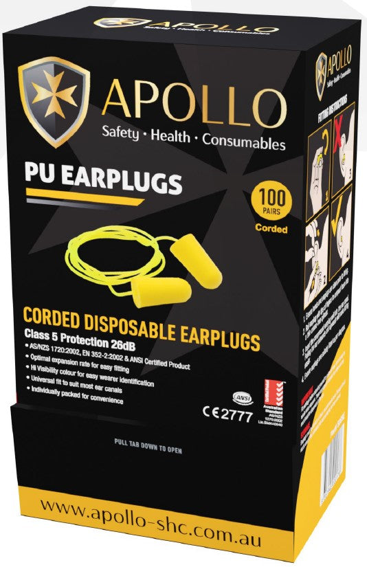 Apollo Corded Earplugs Class 5 Protection 26dB Box of 100 Pairs
