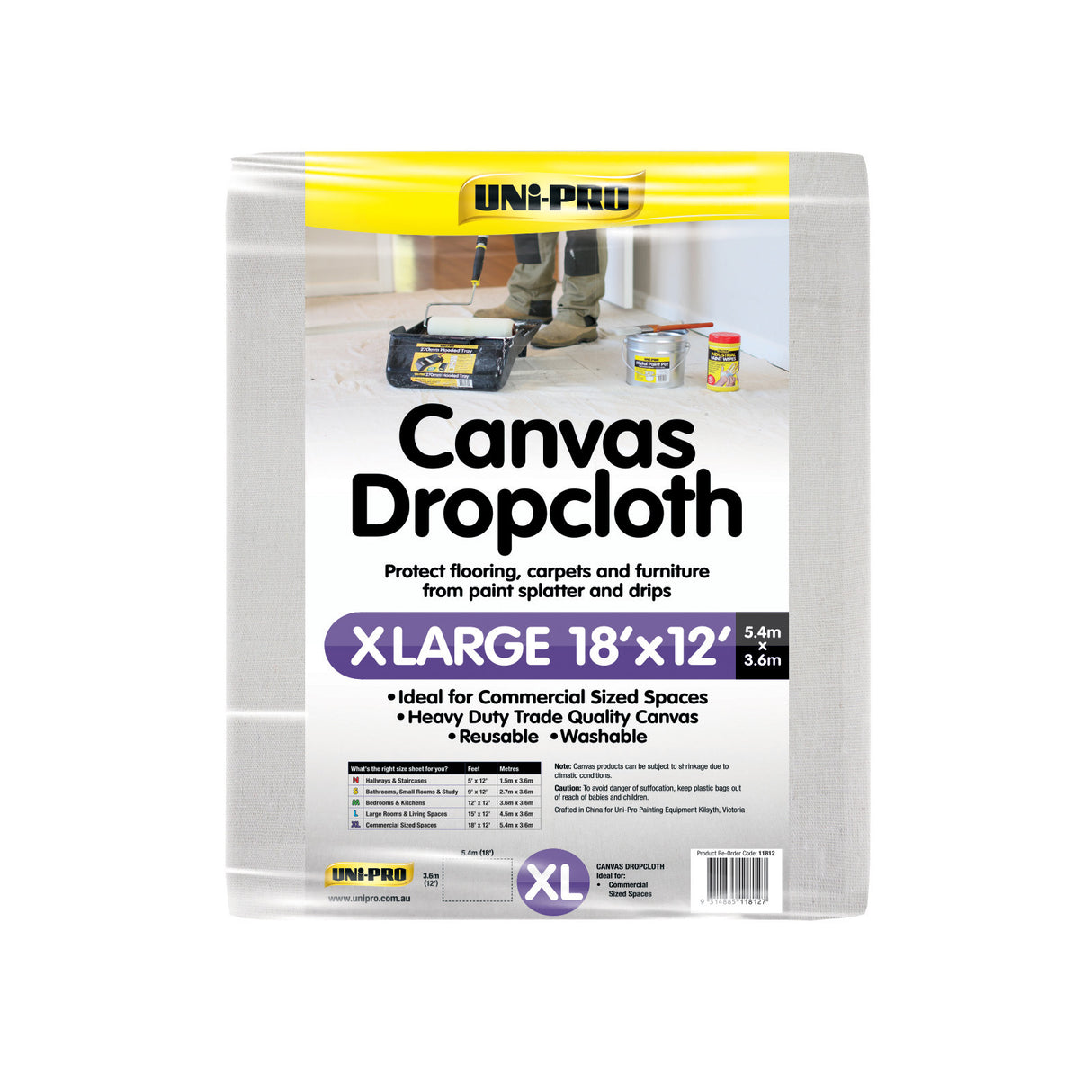Uni-Pro Heavy Duty Canvas Drop Cloth 5.4m x 3.6m (18' x 12')